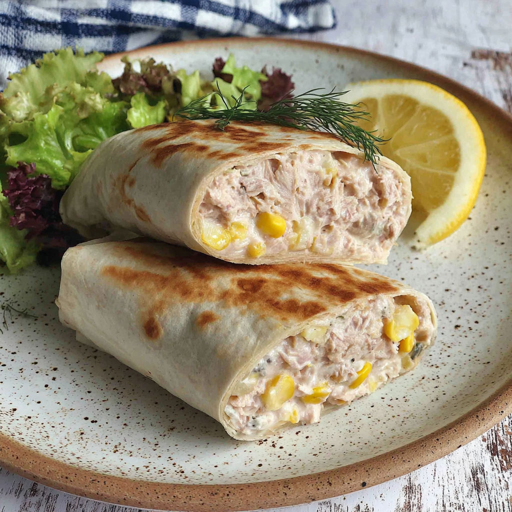 A tuna melt wrap on a plate.