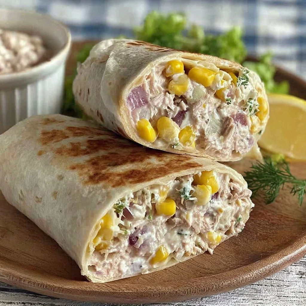 A tuna melt wrap with corn and lettuce.