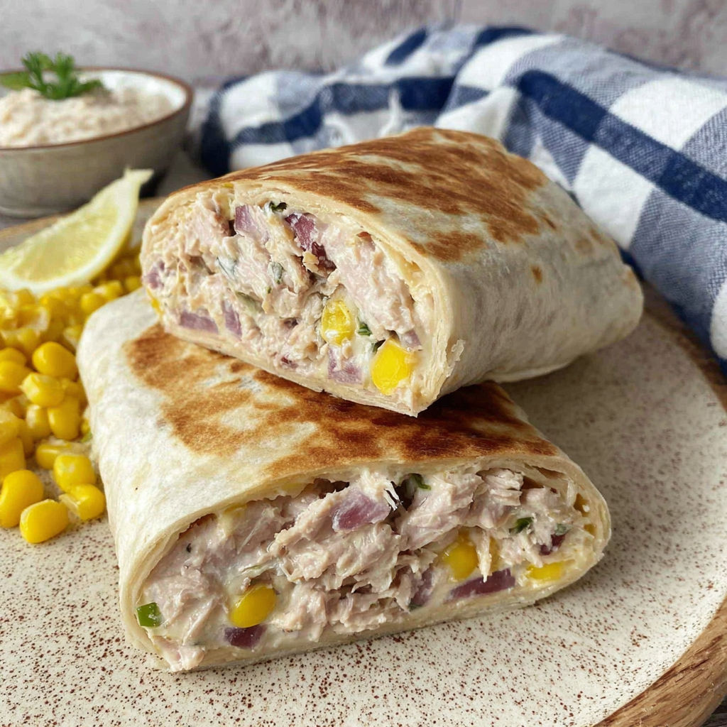 A tuna melt wrap with corn and peppers.