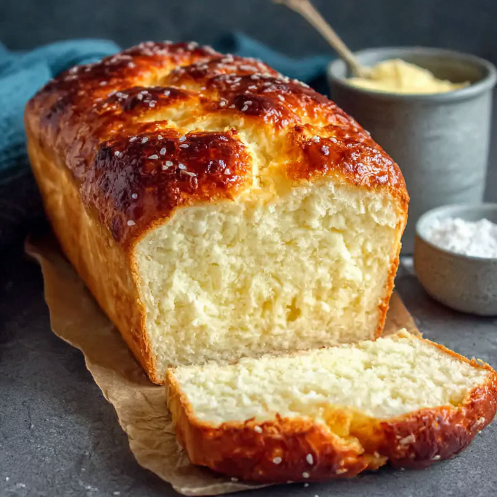 A slice of bread with a knife in it.