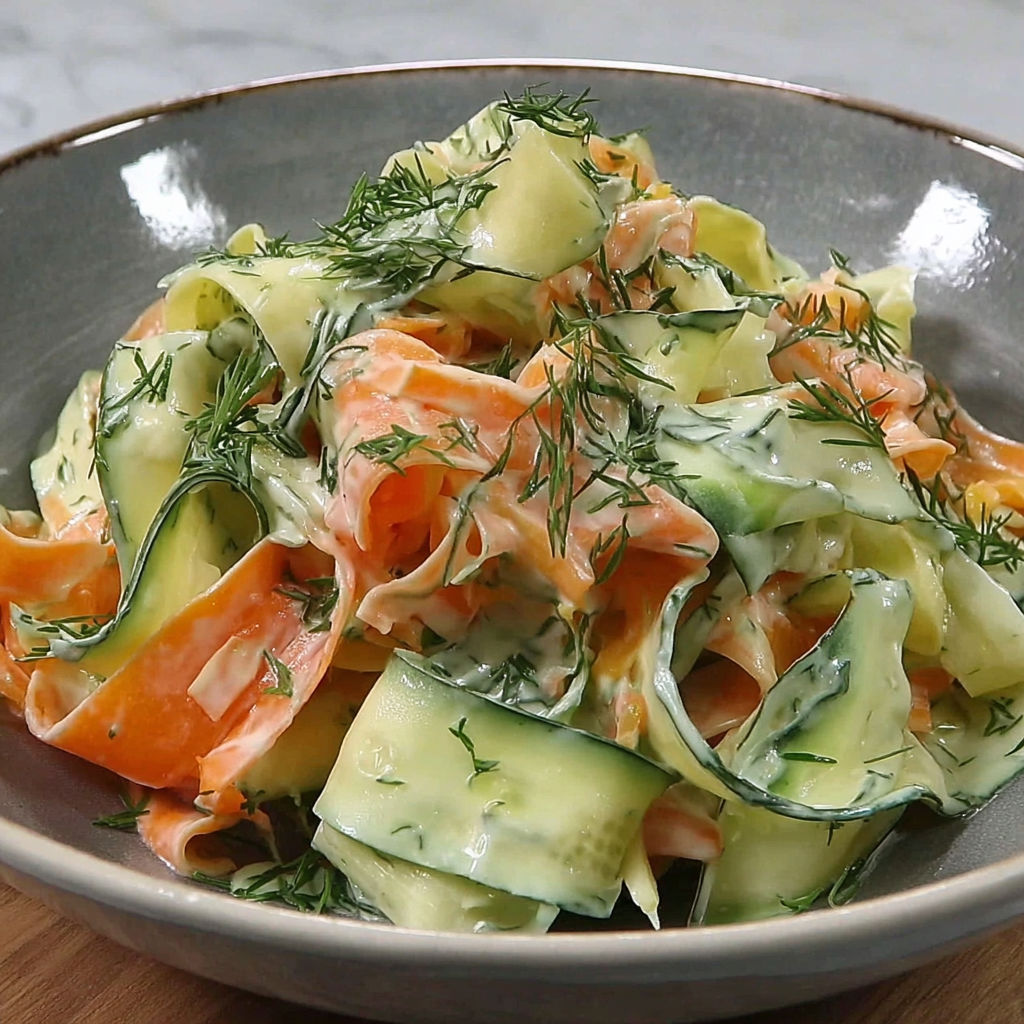 A bowl of carrot and cucumber ribbon salad.