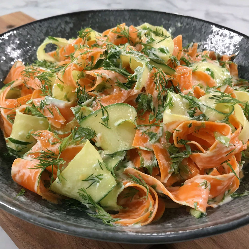 A bowl of carrot and cucumber ribbon salad.