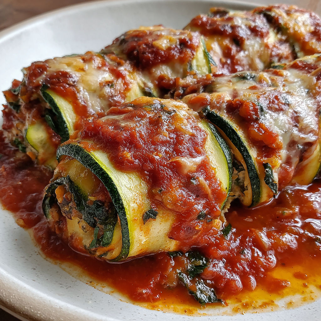 A plate of food with a zucchini and tomato sauce.