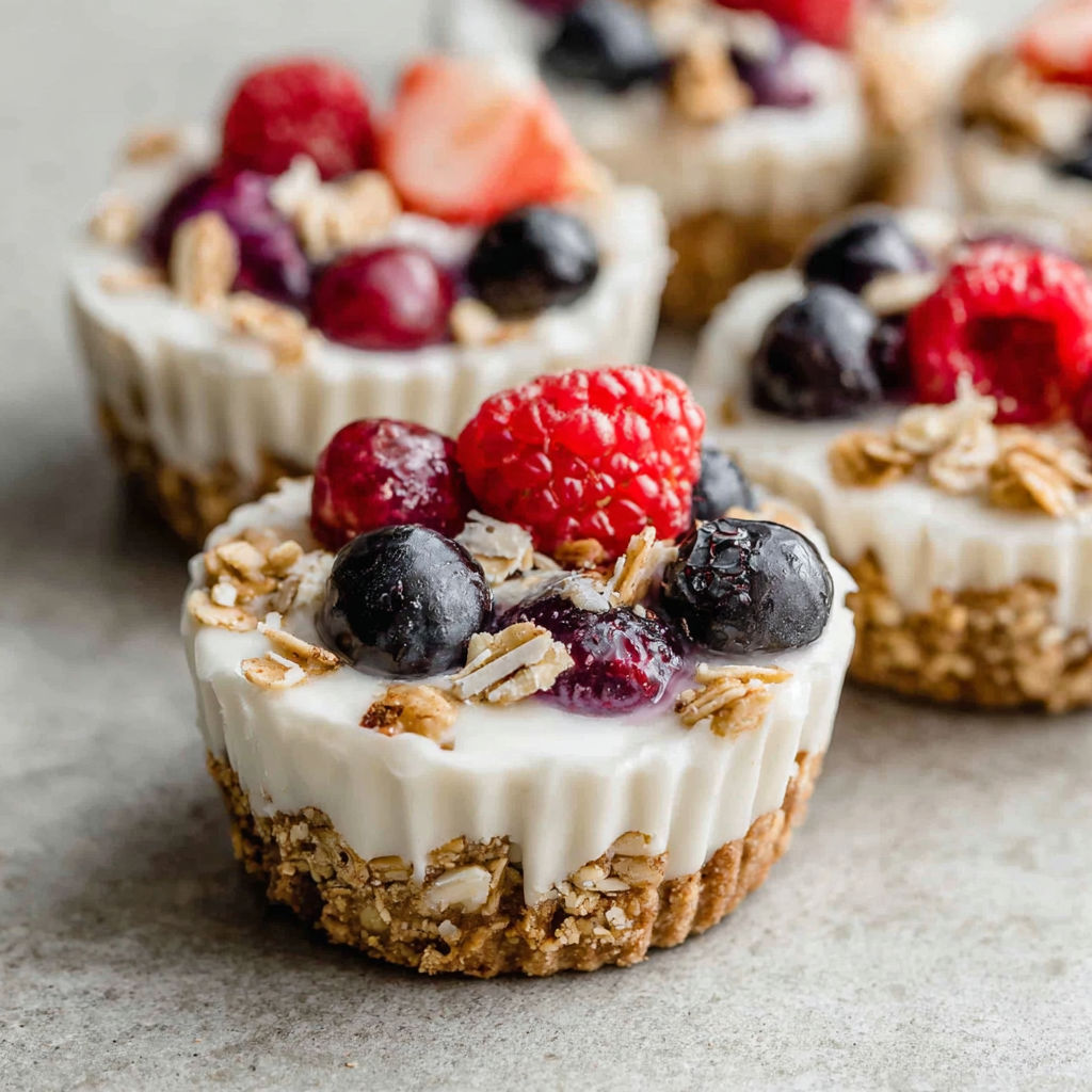 A close up of a granola cup with berries.