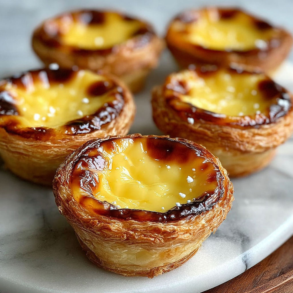 Four small custard tarts on a plate.