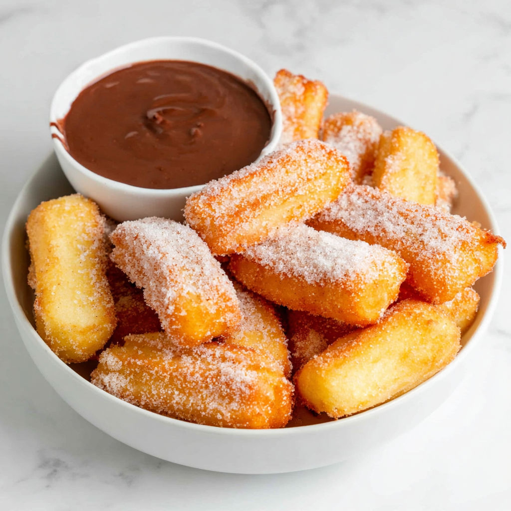 A bowl of churro bites with chocolate sauce.
