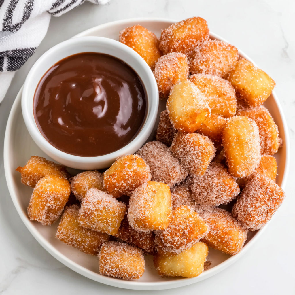 A bowl of churro bites with a chocolate sauce.