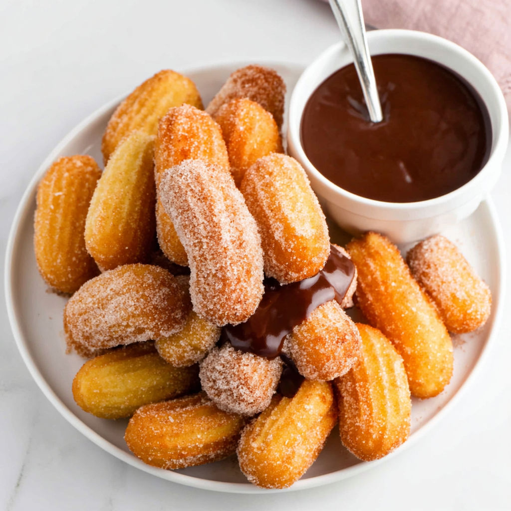 A bowl of churro bites with chocolate drizzled on top.
