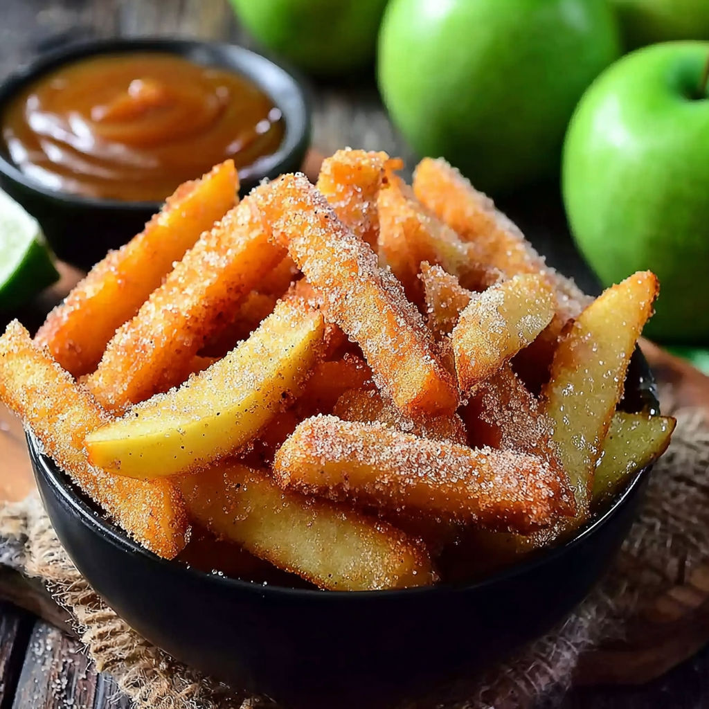 A bowl of crispy air fryer apple fries.