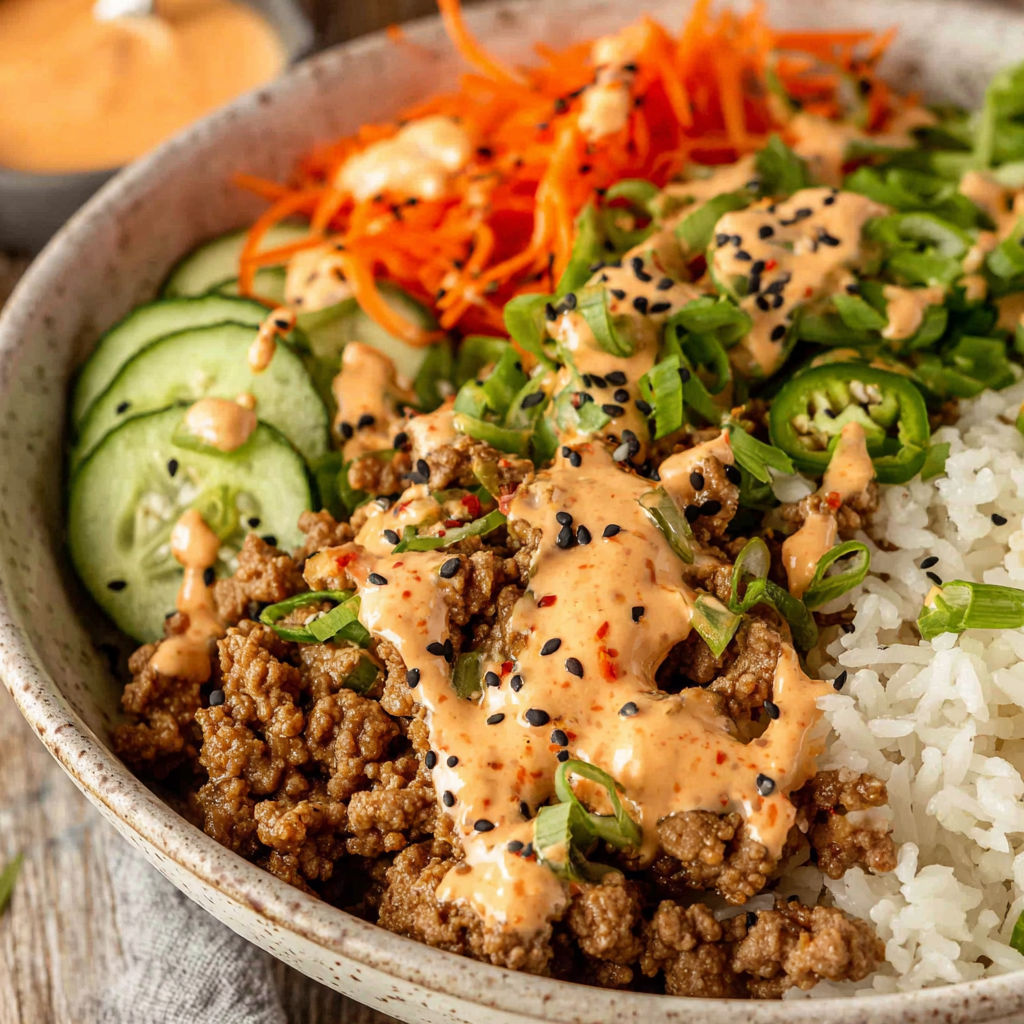 A bowl of rice with ground turkey and bang bang sauce.