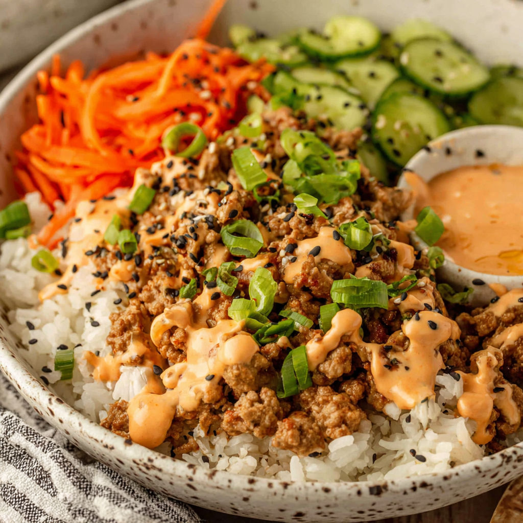A bowl of rice with ground turkey and bang bang sauce.