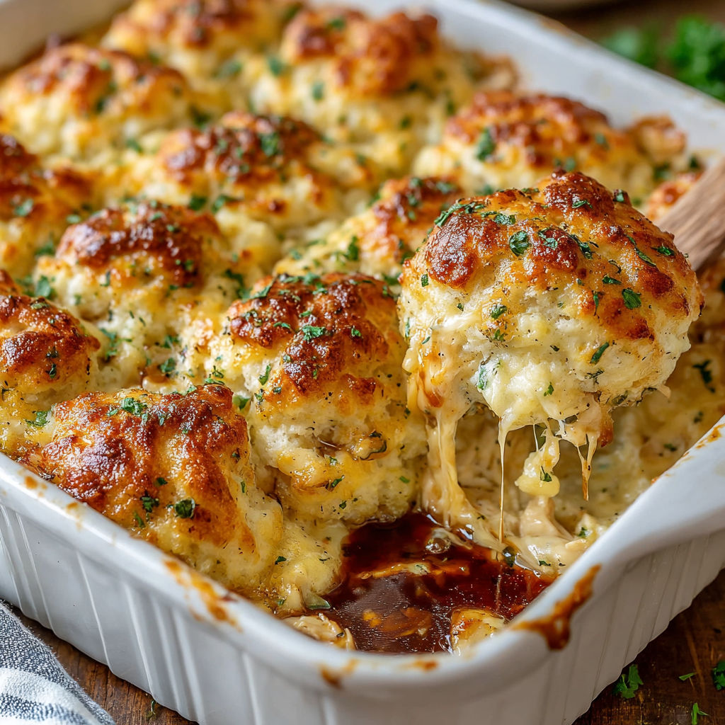 A baked dish with chicken and biscuits.