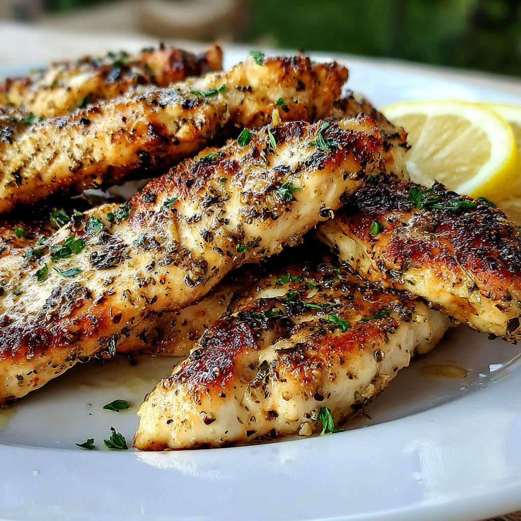 A plate of grilled chicken with lemon wedges on the side.