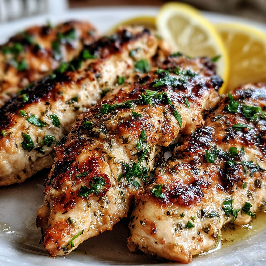 A plate of chicken with lemon wedges on top.