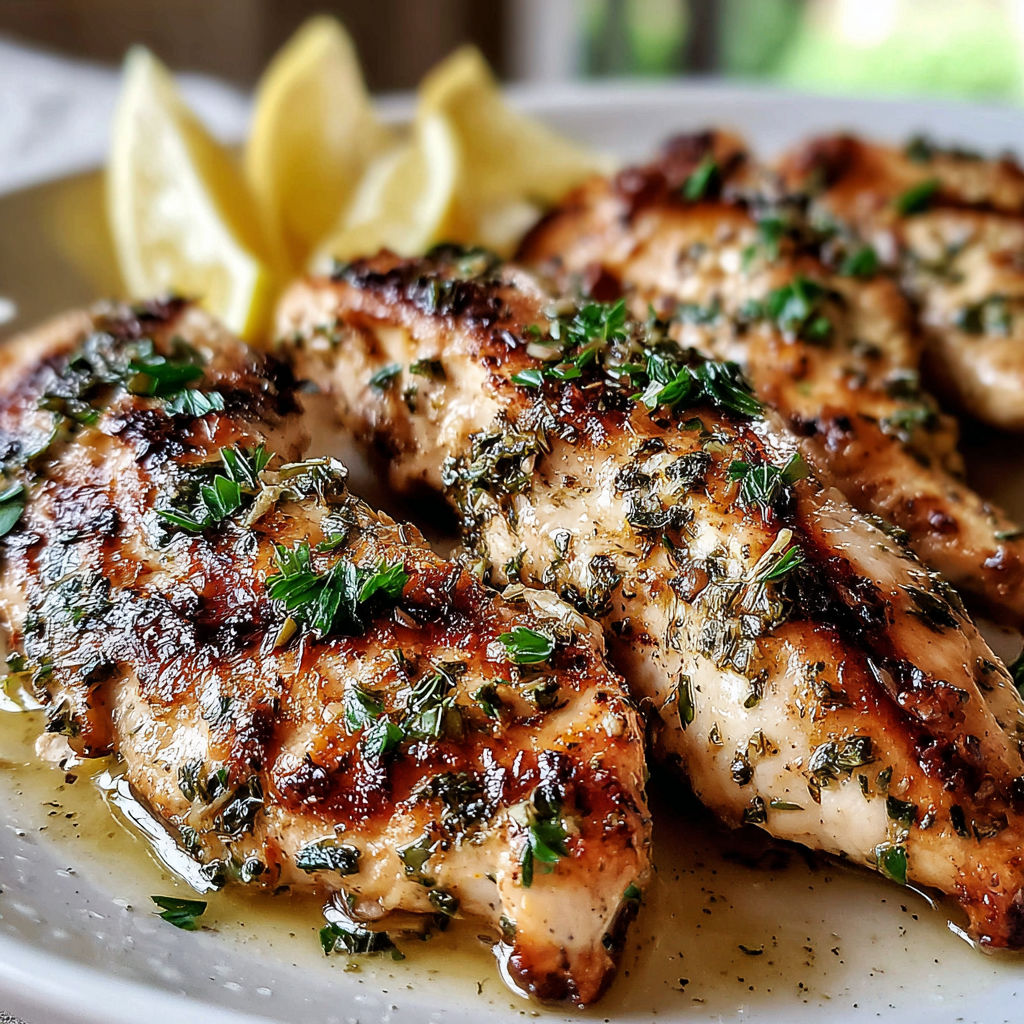 A plate of chicken with lemon and herbs.