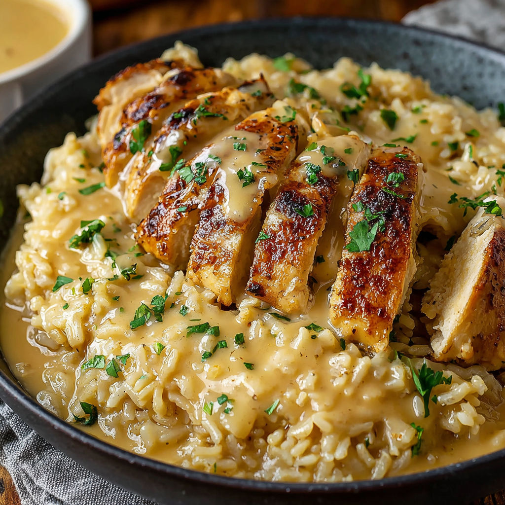A plate of rice and chicken with cheese on top.