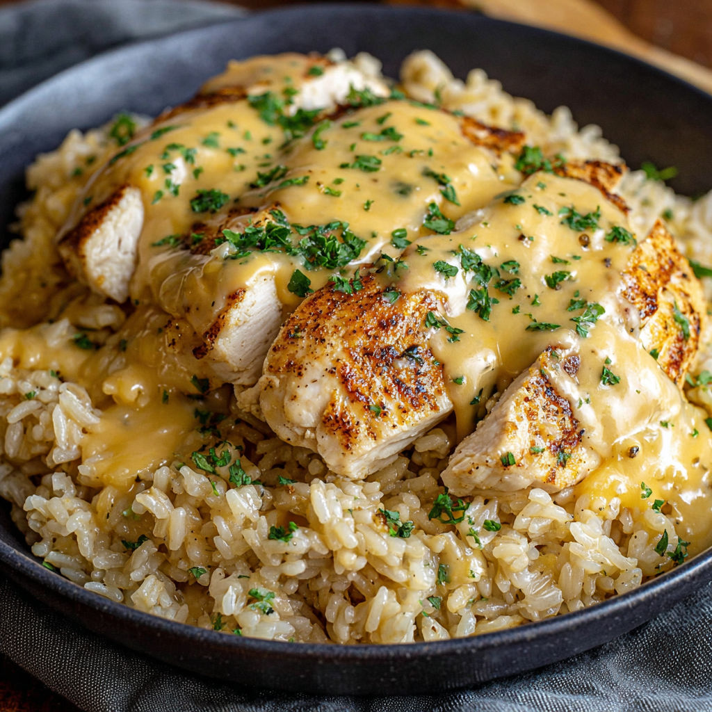 A bowl of rice and chicken covered in cheese.