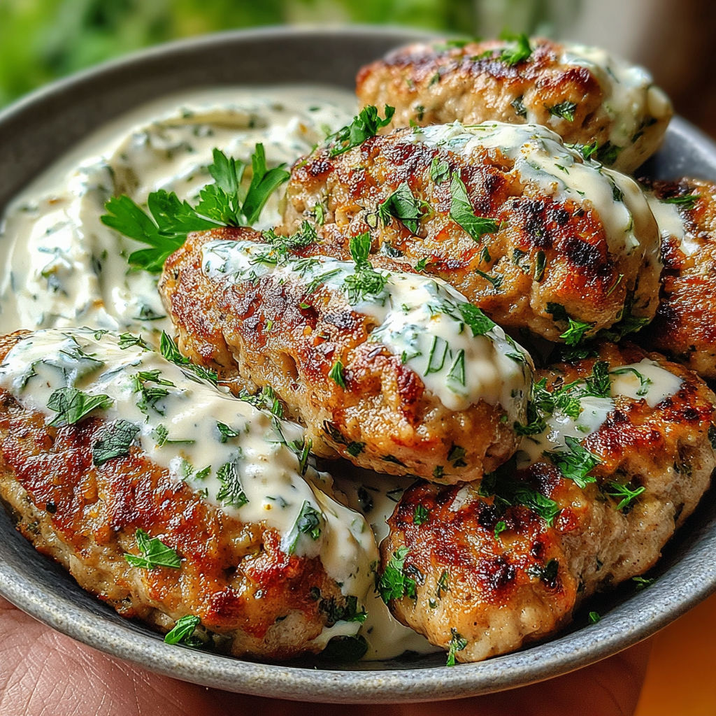 A plate of chicken kofta with garlic yogurt sauce.