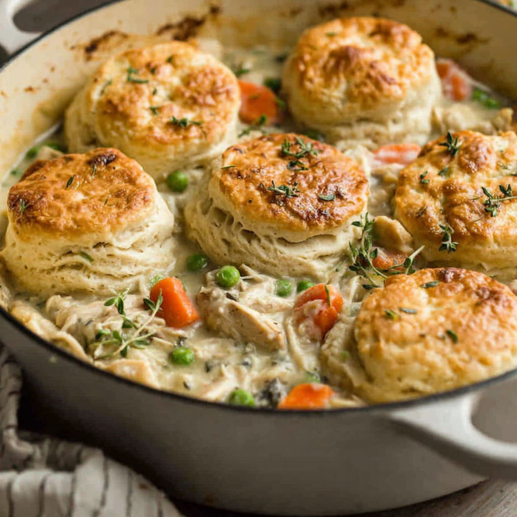 A pan of chicken pot pie with biscuits.
