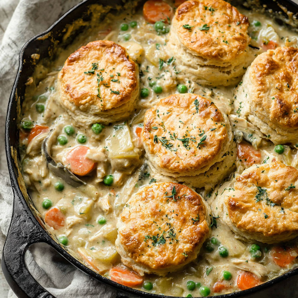 A pan of food with biscuits and peas.