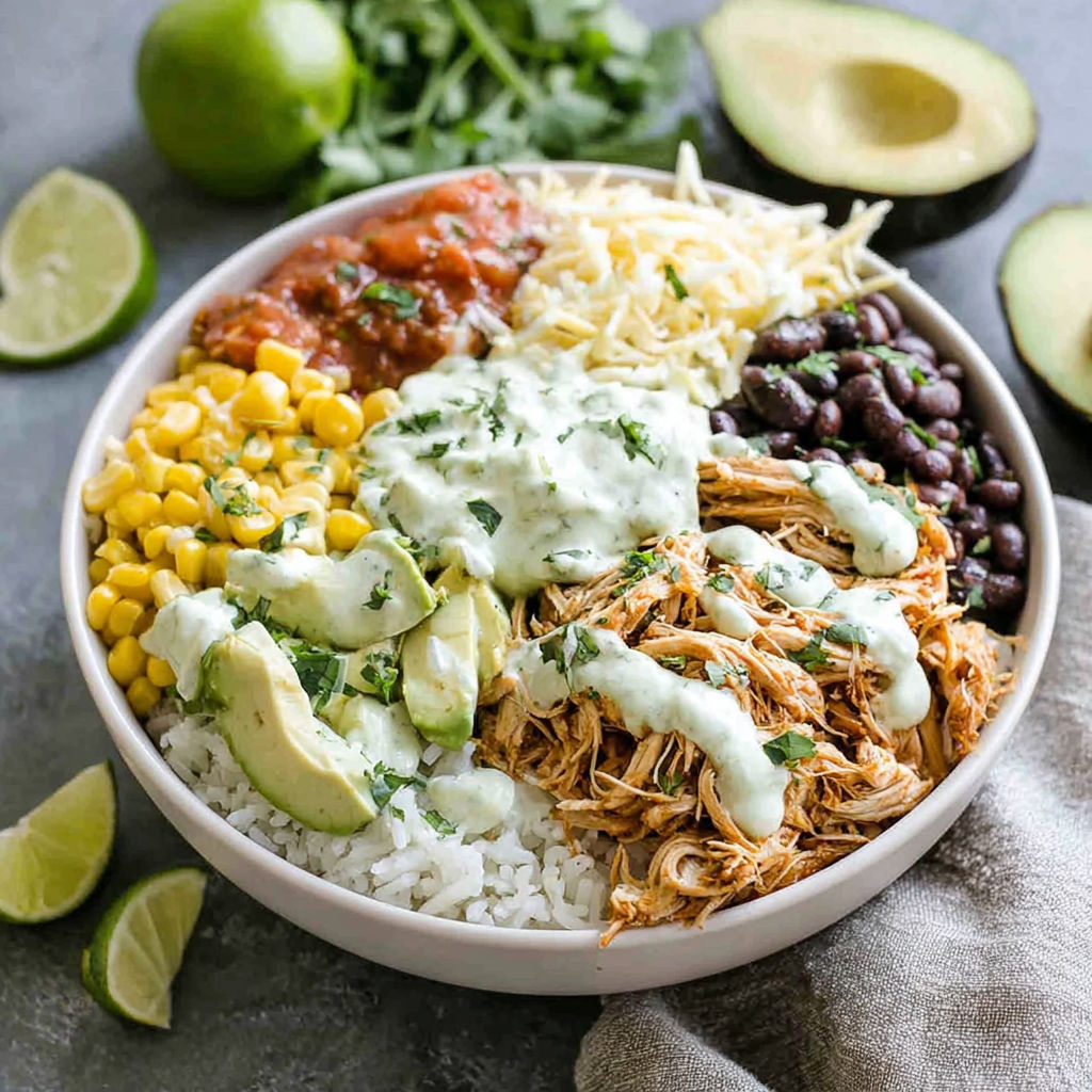 A bowl of food with rice, beans, corn, and guacamole.