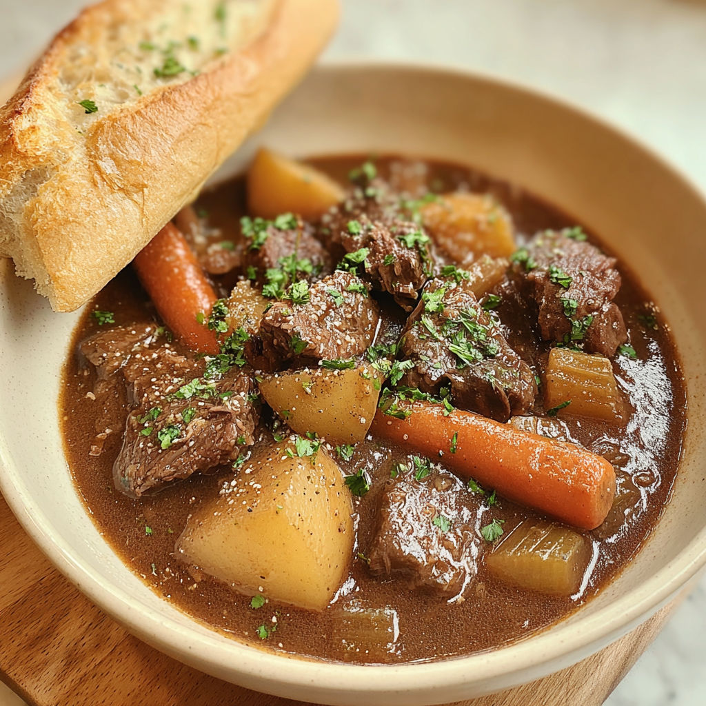 A bowl of beef stew with carrots and potatoes.