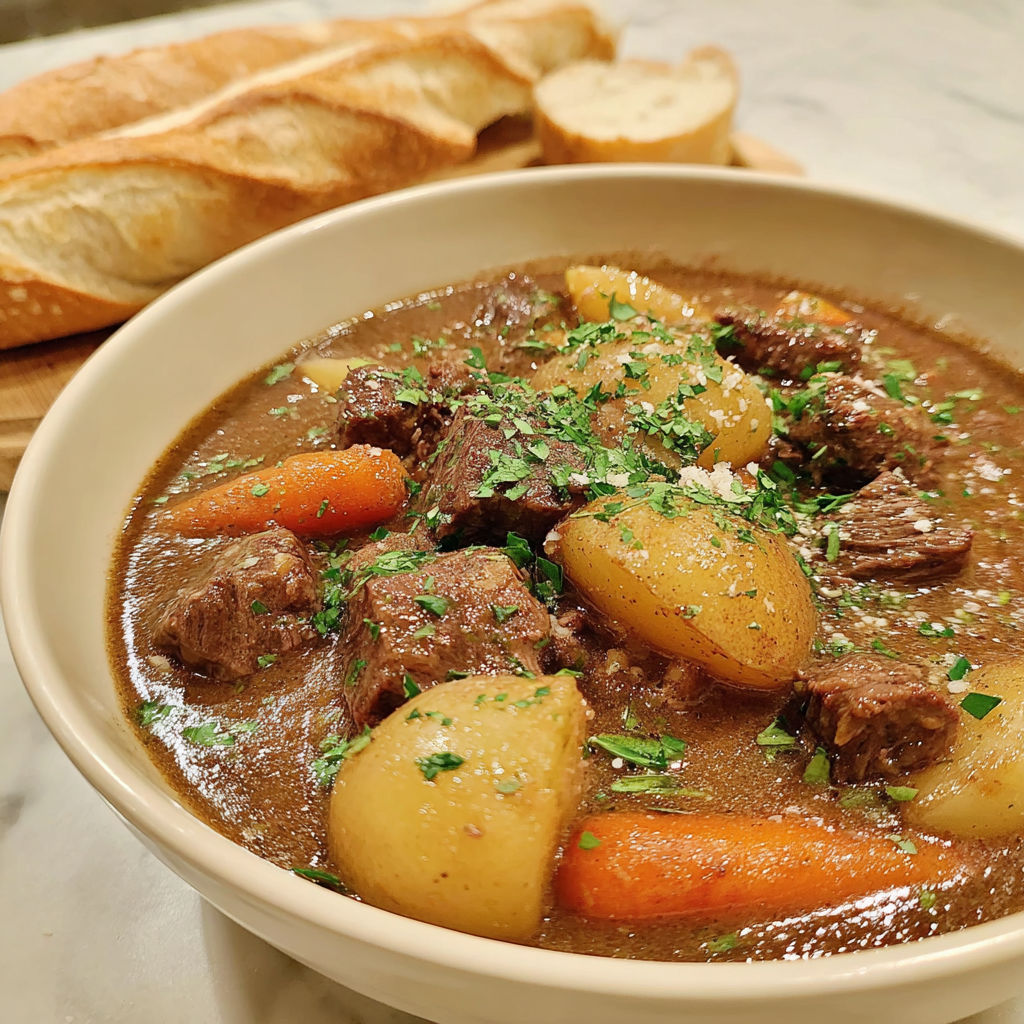 A bowl of beef stew with carrots and potatoes.