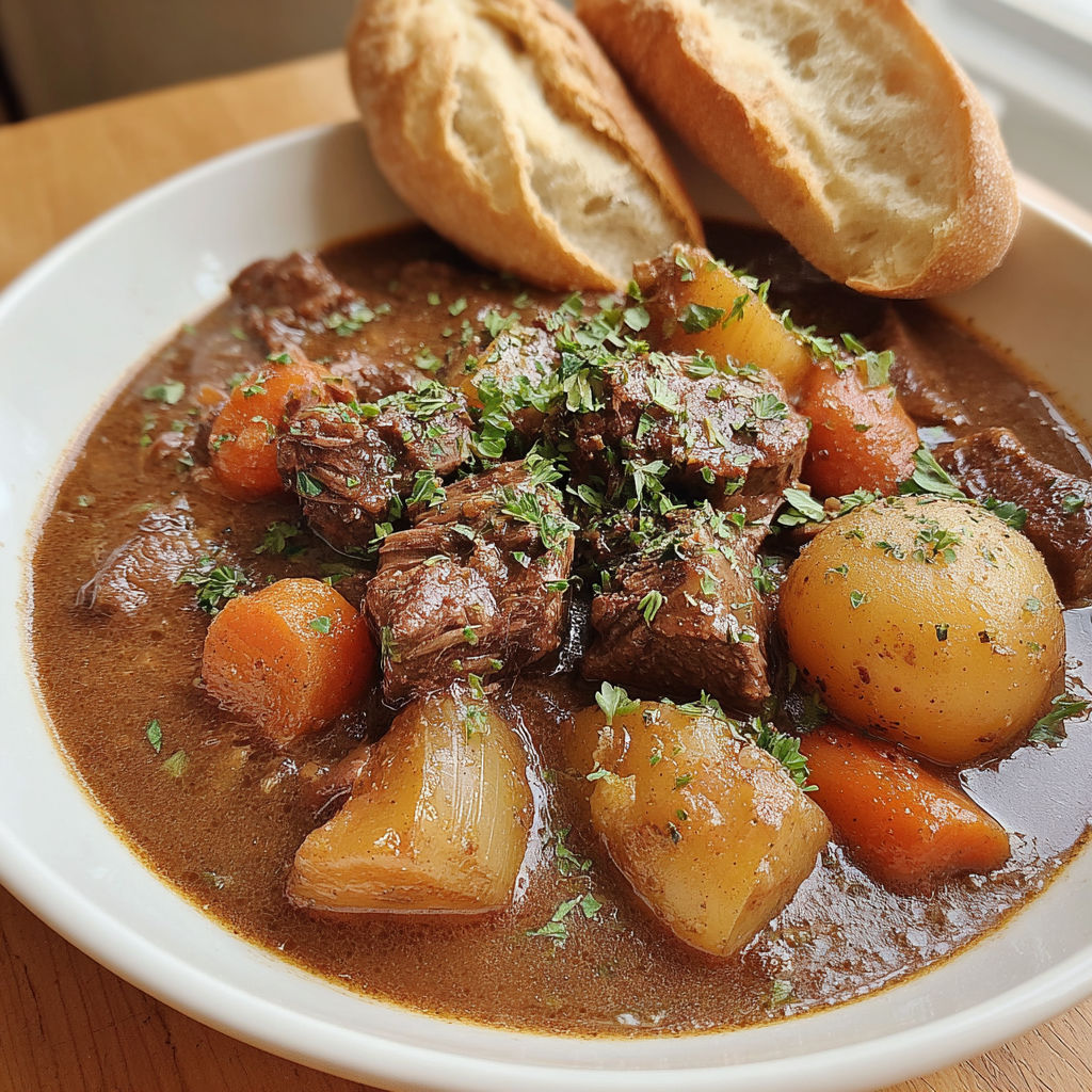 A bowl of beef stew with carrots and potatoes.
