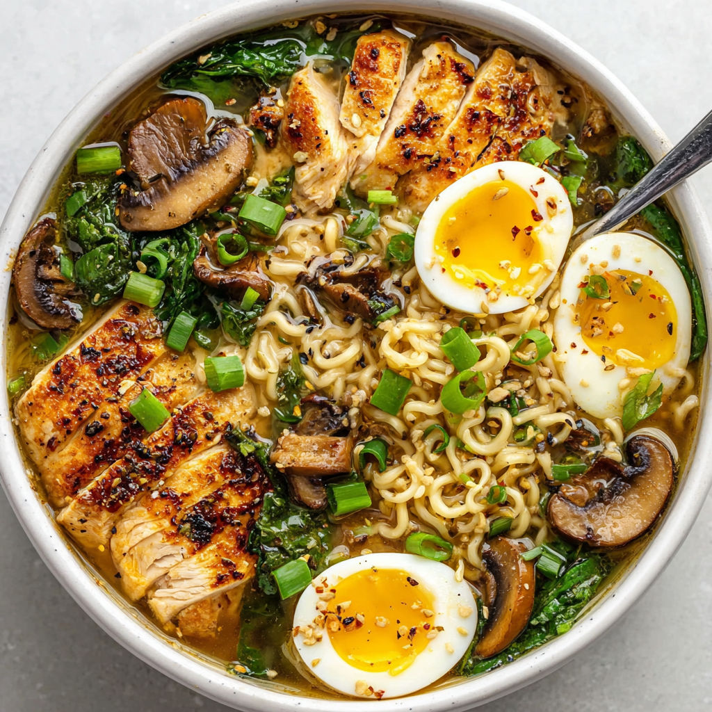 A bowl of noodles with eggs and mushrooms.