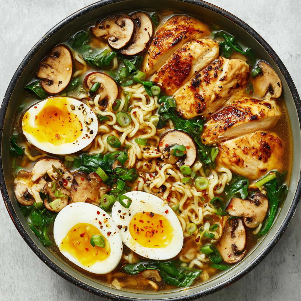 A bowl of noodles with mushrooms, eggs, and chicken.