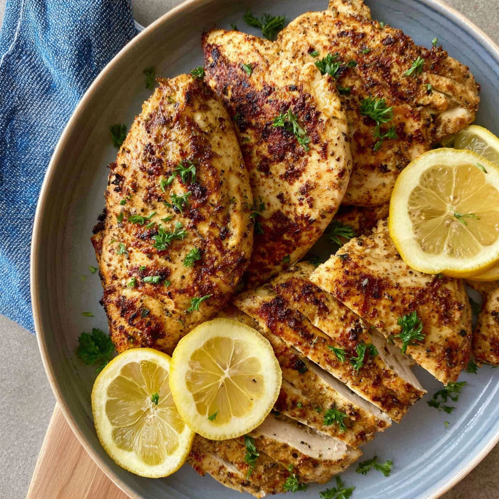 A plate of marinated chicken with lemon wedges on top.