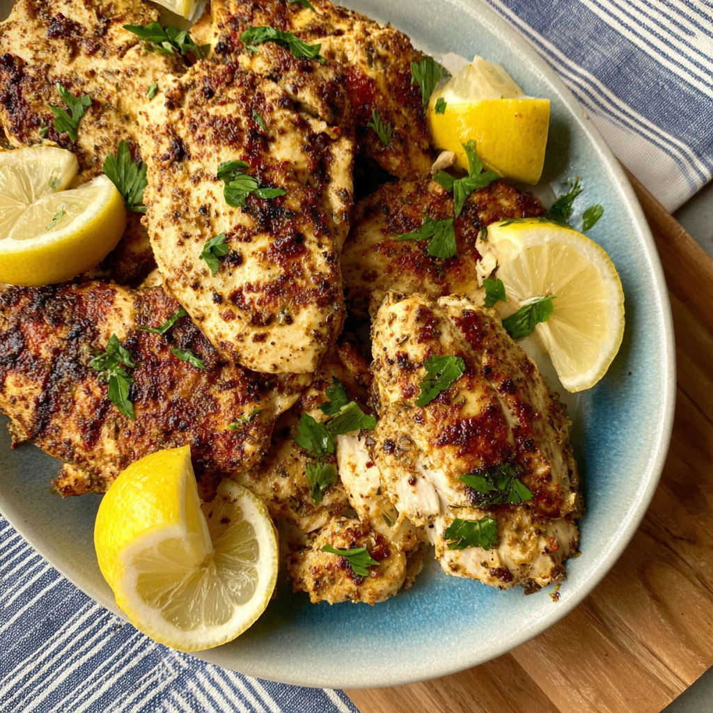 A plate of chicken with lemon wedges on top.