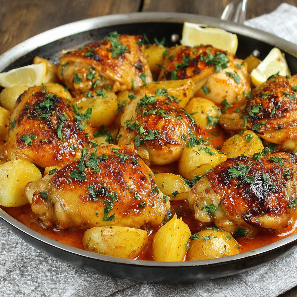 A pan of chicken and potatoes.