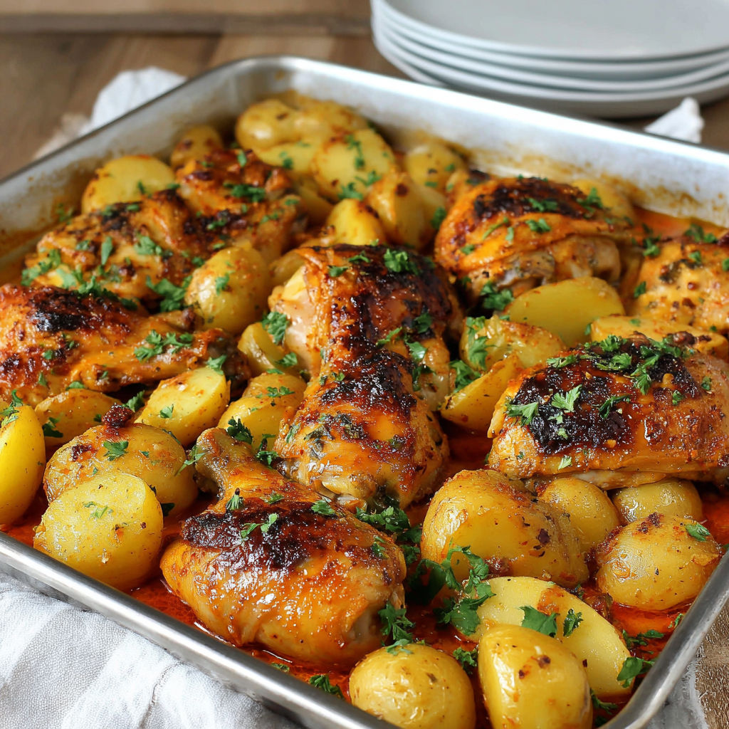 A pan of chicken and potatoes.