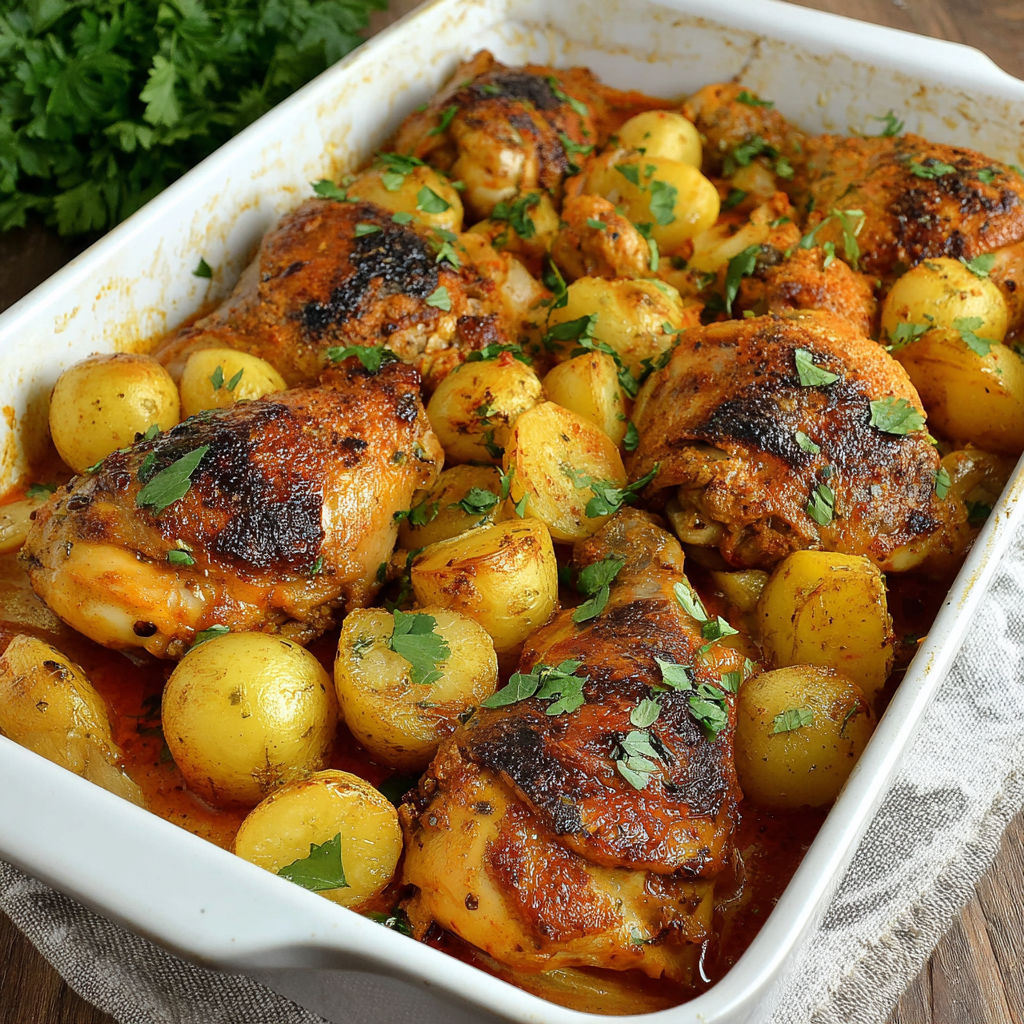 A white dish filled with chicken and potatoes.