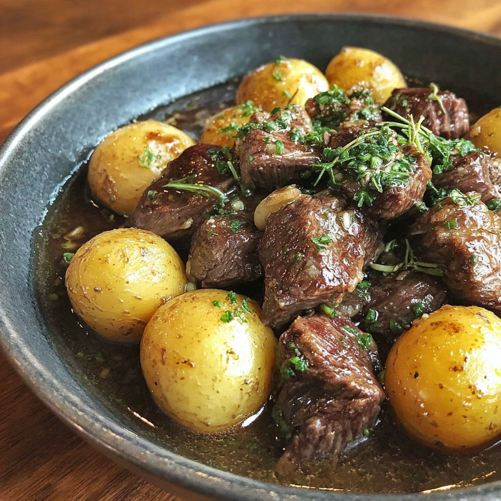 A plate of beef with potatoes and garlic butter.