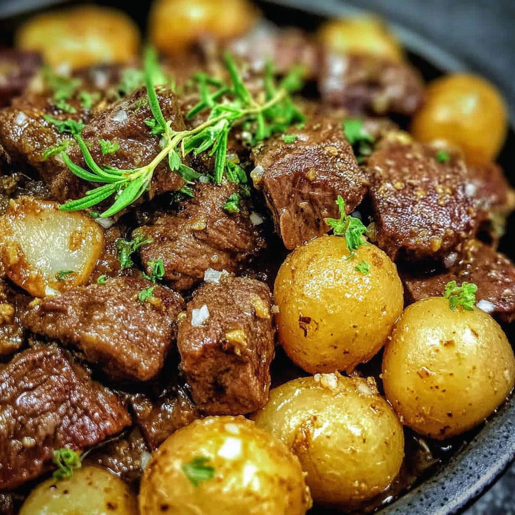 A bowl of beef and potatoes with garlic butter.