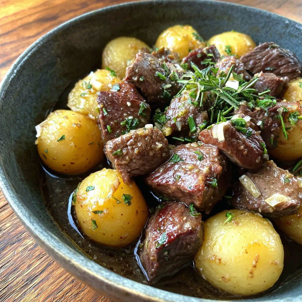 A bowl of beef and potatoes with garlic butter.