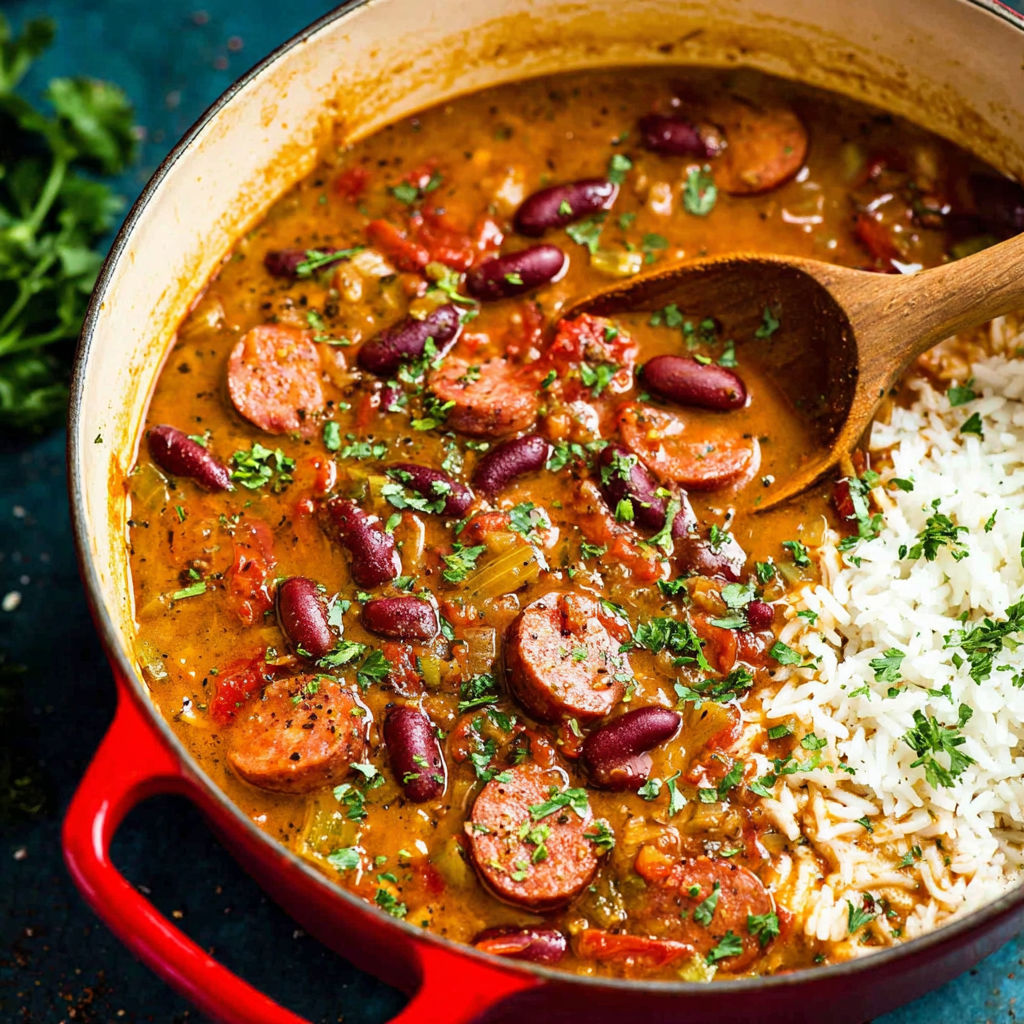 A red pot filled with red beans and rice.