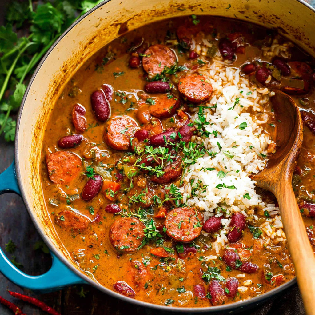 A bowl of red beans and rice with a spoon in it.