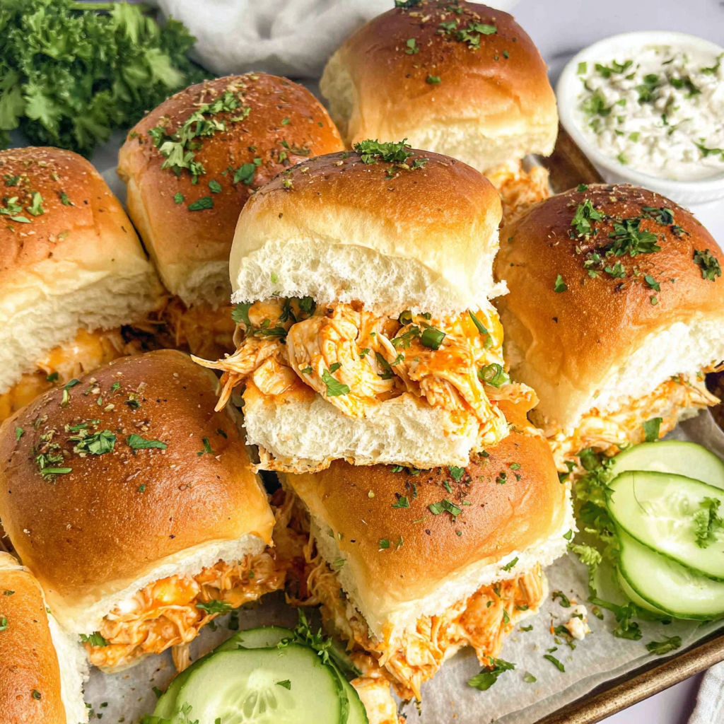 A tray of spicy buffalo chicken sliders.