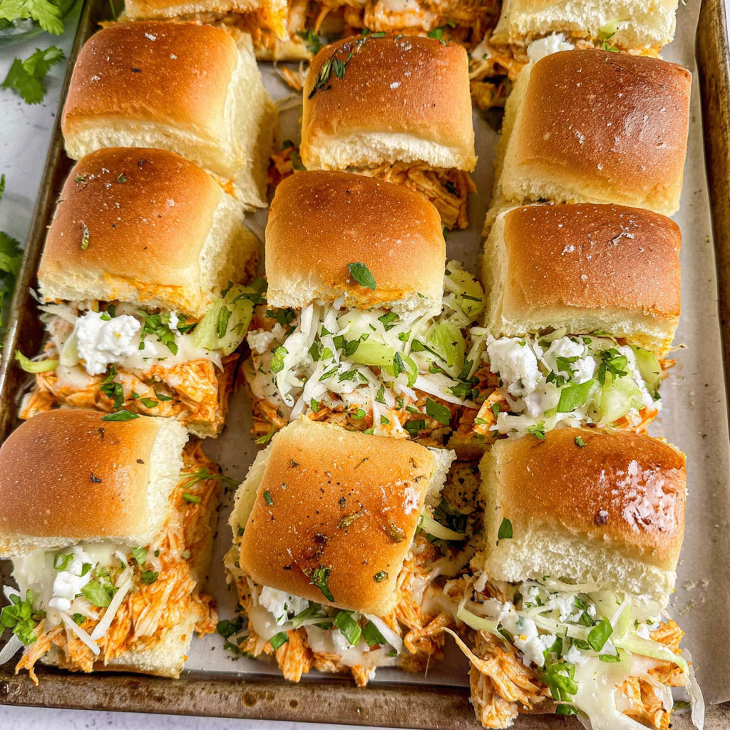 A tray of spicy buffalo chicken sliders.