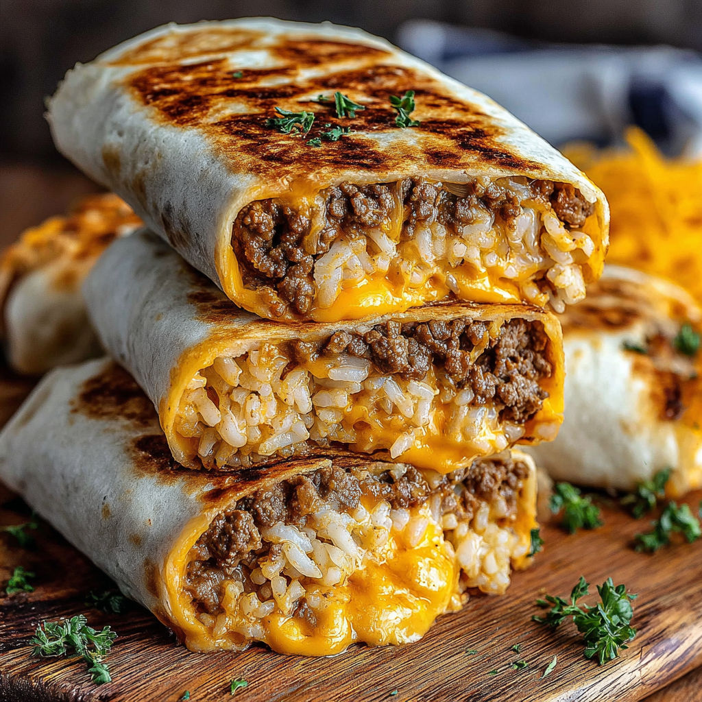 A grilled cheese burrito with rice and meat.