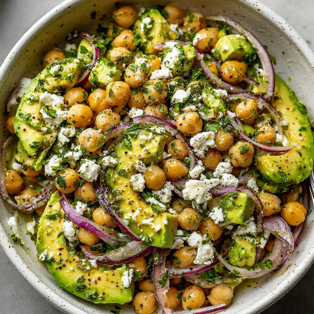 A bowl of chickpea feta avocado salad.