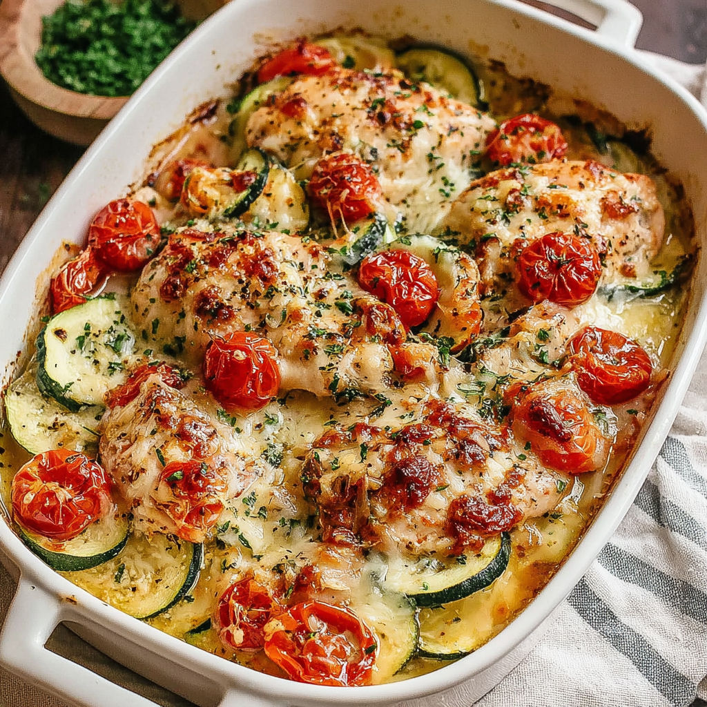 A dish of chicken with tomatoes and zucchini.