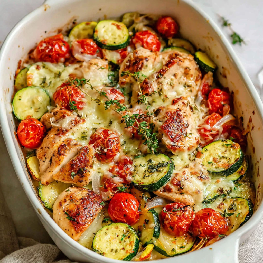 A white bowl filled with chicken, tomatoes, and zucchini.