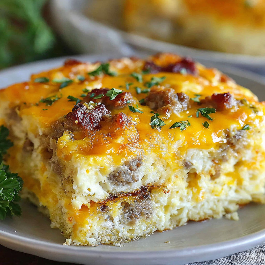 A delicious looking breakfast casserole with sausage.