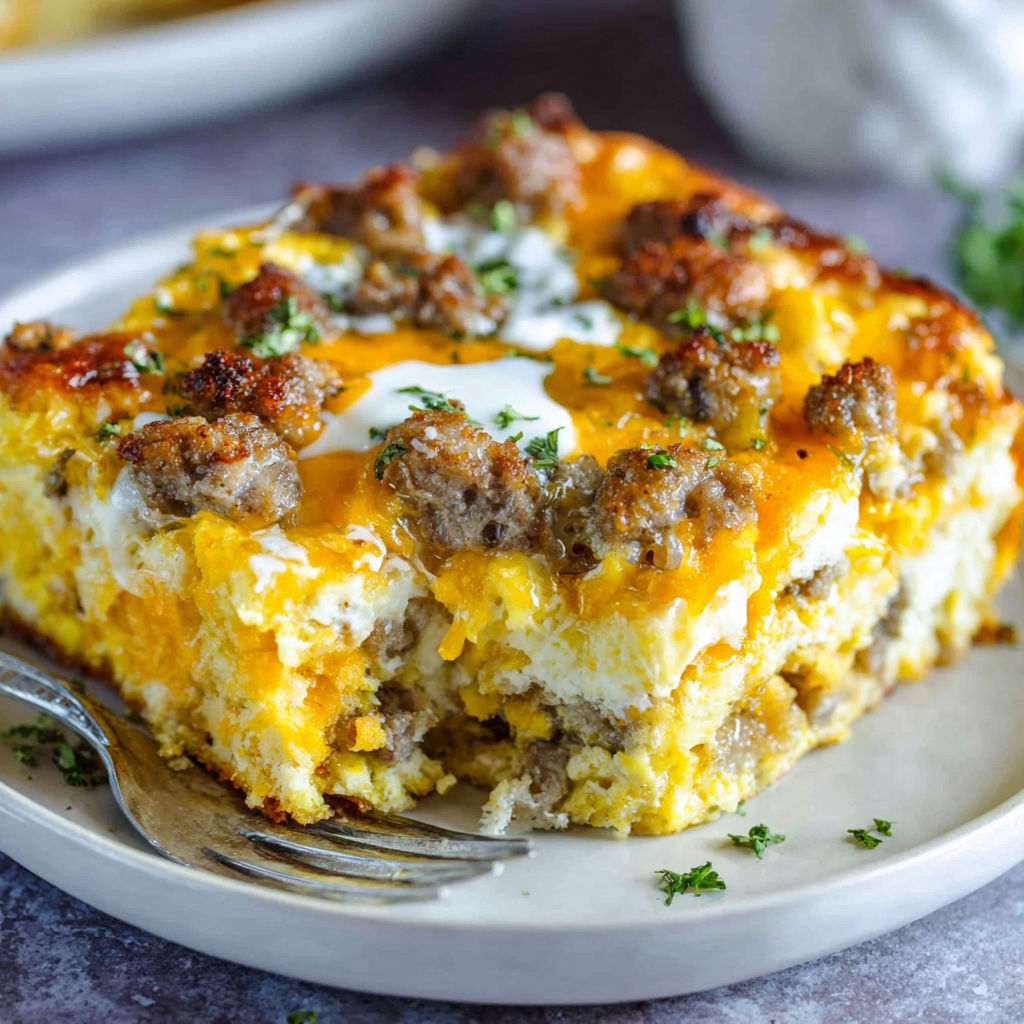 A delicious sausage and cheese casserole.