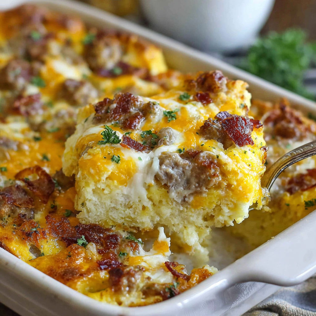 A delicious sausage and cheese casserole.