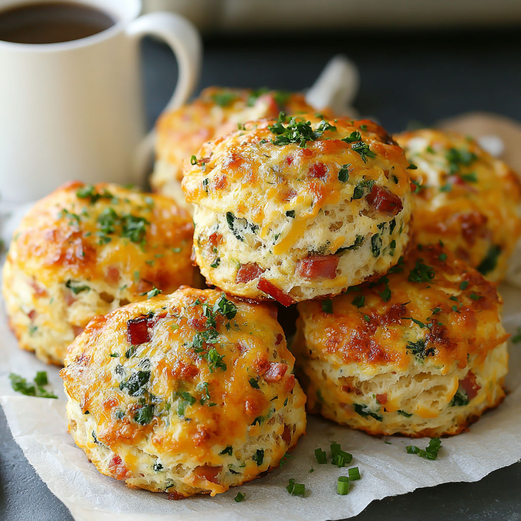 A stack of biscuits with cheese and green onions.